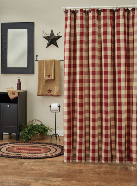Wicklow Check Shower Curtain - Garnet features red and tan large buffalo checks. The red and tan blends beautifully to provide a classic farmhouse look to your bathroom. Visit website for FREE s/h & discount offers. Primitive Country Farmhouse Bath Bathroom Home Decor.