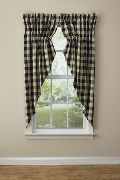 The Wicklow Check Black Gathered Swags offer a sweet, uncomplicated look! 100% Cotton Fabric Measures 72"W x 63"L Unlined 1.5" Header with 2" Rod Pocket.  Primitive Country Farmhouse Cabin Window Treatment Curtain Home Decor.