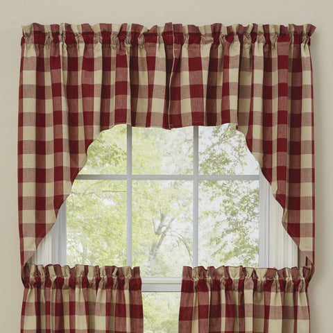 Wicklow Swag - 36"L - Garnet.&nbsp; Large Garnet and Tan Checks 100% Cotton Fabric Measures 72"W x 36"L Unlined 1.5" Header with 2" Rod Pocket. Primitive Country Farmhouse Cabin Window Treatment Curtain Home Decor.