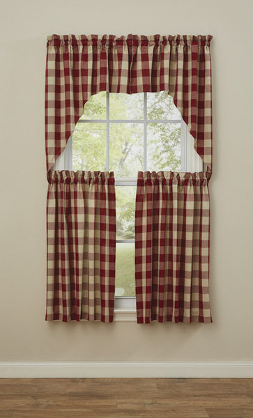 Wicklow Swag - 36"L - Garnet.&nbsp; Large Garnet and Tan Checks 100% Cotton Fabric Measures 72"W x 36"L Unlined 1.5" Header with 2" Rod Pocket. Primitive Country Farmhouse Cabin Window Treatment Curtain Home Decor.