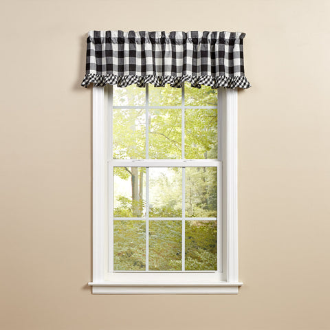 Trim your windows with the Black & Cream Wicklow Ruffled Valance! Use alone or pair with the matching tiers (sold separately).  Colors: Black & Creamy White