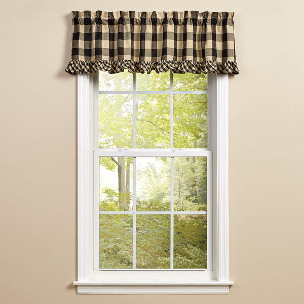 Trim your windows with the Wicklow Ruffled Black Valance ! Use alone or pair with the matching tiers (sold separately).  Colors: Black & Tan