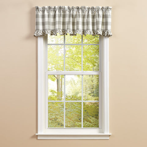 Your sense of style will show through with the Wicklow Ruffled Dove Valance ! The charming gray and white large check pattern is sure to catch the eye of everyone! Use alone or pair it with the matching tiers (sold separately).  Colors: Dove Gray & White