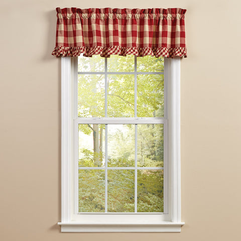 Your sense of style will show through with the Wicklow Ruffled Garnet Valance! The charming garnet and tan large check pattern is sure to catch the eye of everyone! Use alone or pair it with the matching tiers (sold separately).