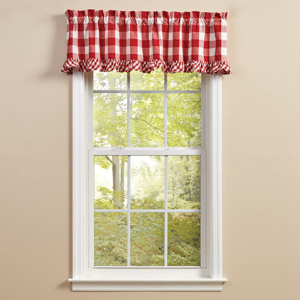Your sense of style will show through with the Wicklow Ruffled Red Valance! The charming red and tan cream check pattern is sure to catch the eye of everyone! Use alone or pair it with the matching tiers (sold separately).