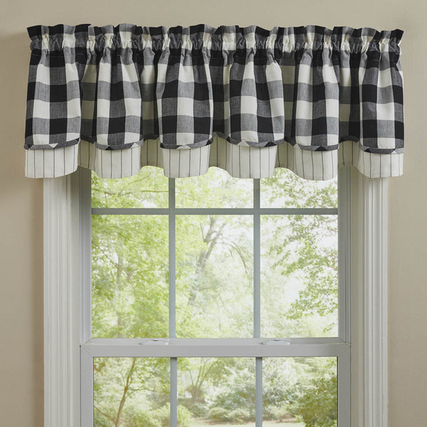 Wicklow Check Lined Layered Valance 16" - Black and Cream.  Add a touch of classic, farmhouse style to your window.  Primitive Country Farmhouse Home Decor Window Treatments Curtains.