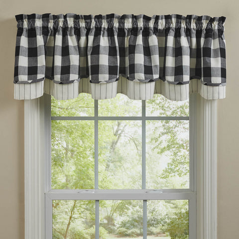 Wicklow Check Lined Layered Valance 16" - Black and Cream.  Add a touch of classic, farmhouse style to your window.  Primitive Country Farmhouse Home Decor Window Treatments Curtains.