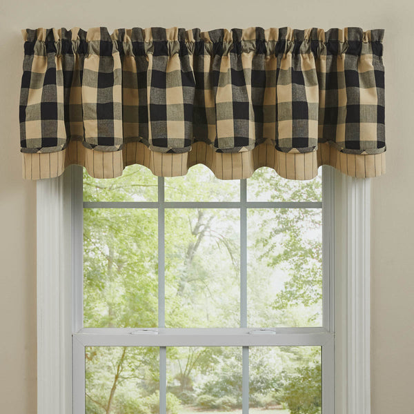 Wicklow Check Lined Layered Valance 16" - Black.  Add a touch of classic, farmhouse style to your window.  Primitive Country Farmhouse Home Decor Window Treatments Curtains.
