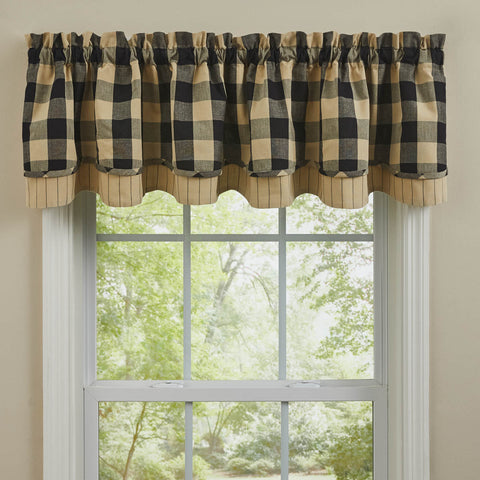 Wicklow Check Lined Layered Valance 16" - Black.  Add a touch of classic, farmhouse style to your window.  Primitive Country Farmhouse Home Decor Window Treatments Curtains.