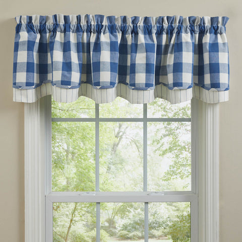 Wicklow Check Lined Layered Valance 16" - China Blue.  Add a touch of classic, farmhouse style to your window.  Primitive Country Farmhouse Home Decor Window Treatments Curtains.