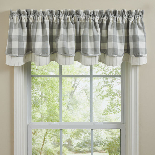 Wicklow Check Lined Layered Valance 16" - Dove Gray.  Add a touch of classic, farmhouse style to your window.  Primitive Country Farmhouse Home Decor Window Treatments Curtains.