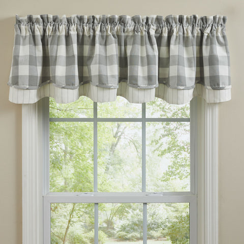 Wicklow Check Lined Layered Valance 16" - Dove Gray.  Add a touch of classic, farmhouse style to your window.  Primitive Country Farmhouse Home Decor Window Treatments Curtains.