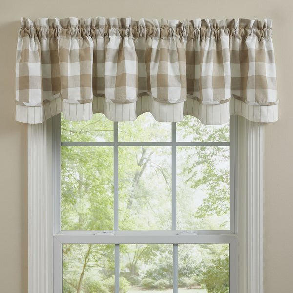 Wicklow Check Lined Layered Valance 16" - Natural.  Add a touch of classic, farmhouse style to your window.  Primitive Country Farmhouse Home Decor Window Treatments Curtains.