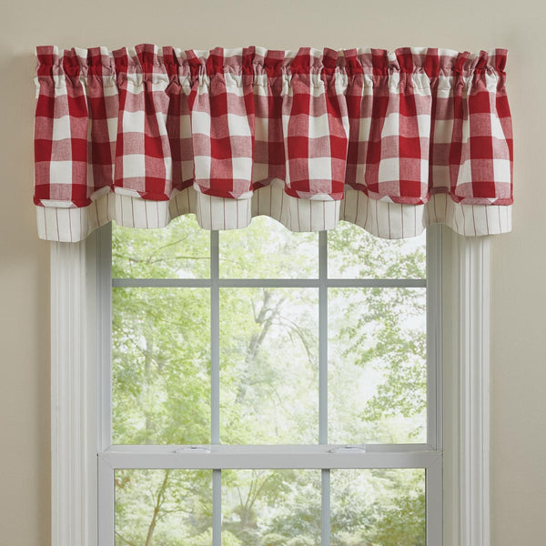 Wicklow Check Lined Layered Valance 16" - Red.  Add a touch of classic, farmhouse style to your window with the Wicklow Garnet Buffalo Check Layered Valance. Displaying exquisite, modern design with large scale red and off-white checks layered over garnet and tan ticking fabric.  