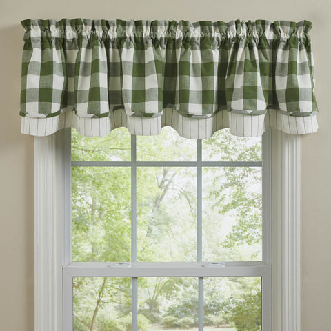 Wicklow Check Lined Layered Valance 16" - Sage Green.  Add a touch of classic, farmhouse style to your window.  Primitive Country Farmhouse Home Decor Window Treatments Curtains.