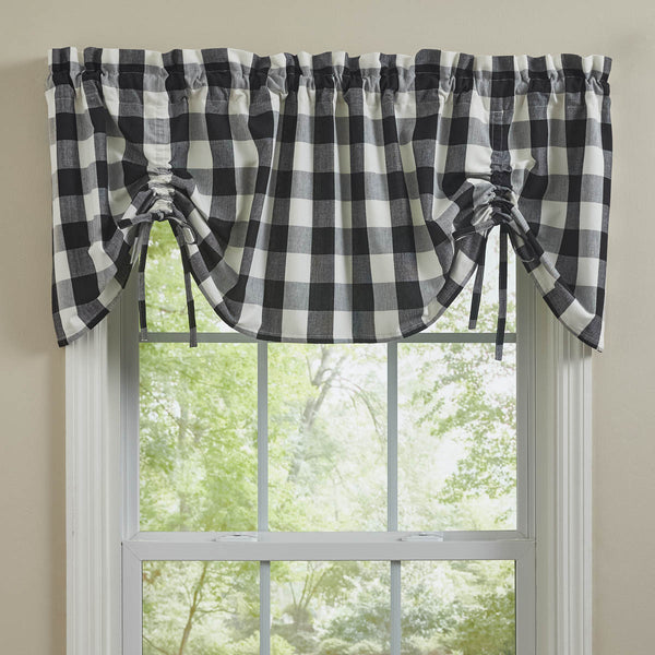 Wicklow Check Lined Farmhouse Gathered Valance - Black and Cream. Add a touch of classic, farmhouse style to your window with this gathered valance. Displaying exquisite, modern design with large scale black and cream checks with drawstrings for gathering. Primitive Country Farmhouse Home Decor Window Treatments curtains.