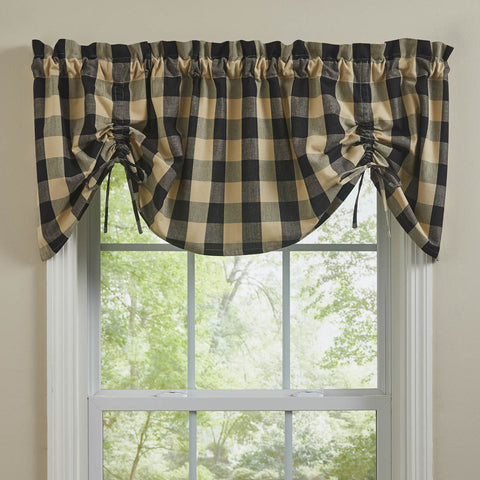 Wicklow Check Lined Farmhouse Gathered Valance - Black. Add a touch of classic, farmhouse style to your window with this gathered valance. Displaying exquisite, modern design with large scale black and tan checks with drawstrings for gathering. Primitive Country Farmhouse Home Decor Window Treatments curtains.