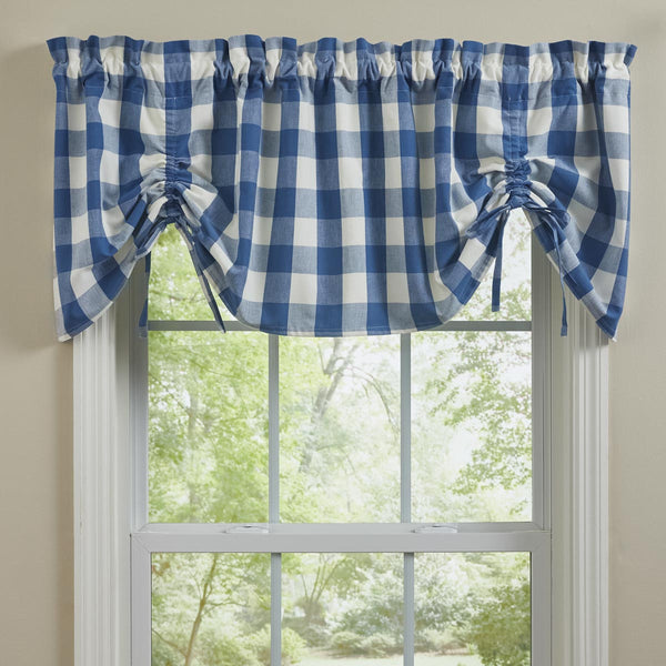 Wicklow Check Lined Farmhouse Gathered Valance - China Blue. Add a touch of classic, farmhouse style to your window with this gathered valance. Displaying exquisite, modern design with large scale china blue and white checks with drawstrings for gathering. Primitive Country Farmhouse Home Decor Window Treatments curtains.