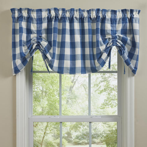 Wicklow Check Lined Farmhouse Gathered Valance - China Blue. Add a touch of classic, farmhouse style to your window with this gathered valance. Displaying exquisite, modern design with large scale china blue and white checks with drawstrings for gathering. Primitive Country Farmhouse Home Decor Window Treatments curtains.