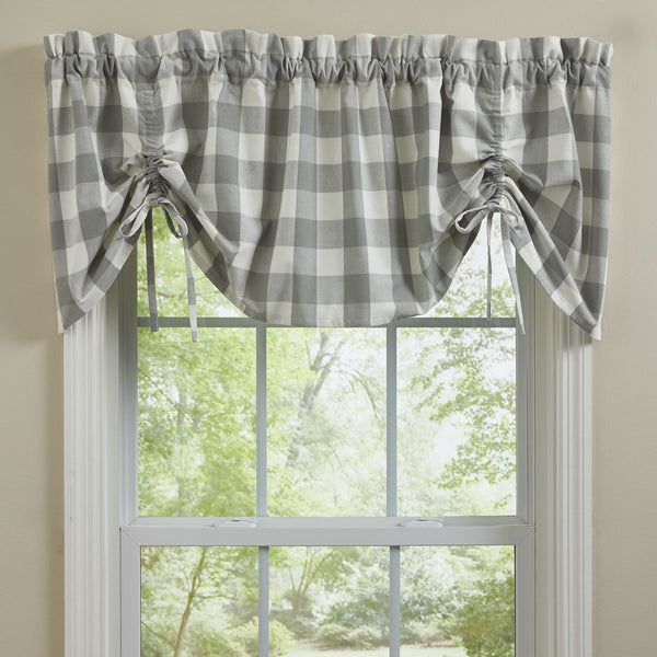 Wicklow Check Lined Farmhouse Gathered Valance - Dove Gray. Add a touch of classic, farmhouse style to your window with this gathered valance. Displaying exquisite, modern design with large scale dove gray and white checks with drawstrings for gathering. Primitive Country Farmhouse Home Decor Window Treatments curtains.