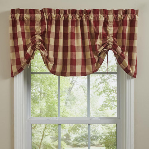 Wicklow Check Lined Farmhouse Gathered Valance - Garnet. Add a touch of classic, farmhouse style to your window with this gathered valance. Displaying exquisite, modern design with large scale garnet red and tan checks with drawstrings for gathering. Primitive Country Farmhouse Home Decor Window Treatments curtains.