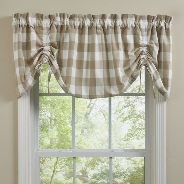 Wicklow Check Lined Farmhouse Gathered Valance - Natural. Add a touch of classic, farmhouse style to your window with this gathered valance. Displaying exquisite, modern design with large scale natural and white checks with drawstrings for gathering. Primitive Country Farmhouse Home Decor Window Treatments curtains.