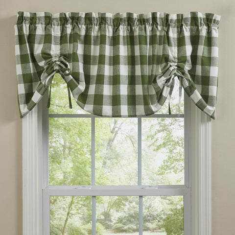 Wicklow Check Lined Farmhouse Gathered Valance - Sage Green. Add a touch of classic, farmhouse style to your window with this gathered valance. Displaying exquisite, modern design with large scale sage green and white checks with drawstrings for gathering. Primitive Country Farmhouse Home Decor Window Treatments curtains.
