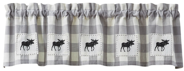 Moose are the feature of this upscale lodge checked valance. The Wicklow Moose Lined Valance  gives your windows that country lodge look with the trending colors of gray, off white and black. 