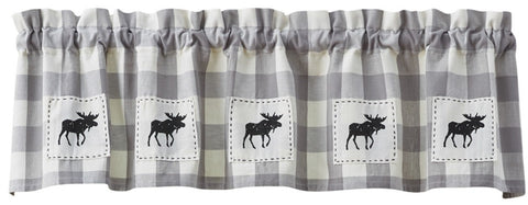 Moose are the feature of this upscale lodge checked valance. The Wicklow Moose Lined Valance  gives your windows that country lodge look with the trending colors of gray, off white and black. 