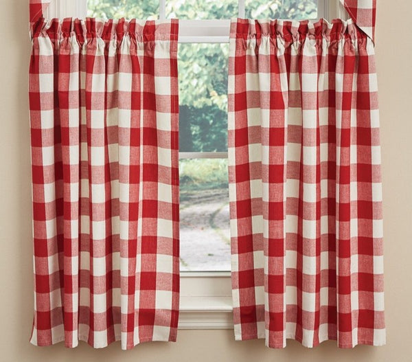 The Wicklow 36" Curtain Tiers are 72" wide by 36" long. The check pattern adds country charm to any room. Primitive Country Farmhouse Window Curtains Treatments Cafe Home Decor.