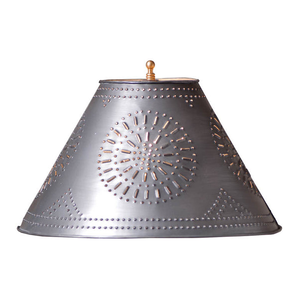 Our flared shade will add country flair to your home. Has a washer fitter to be used with a harp on your existing lamp.  The metal shade finished in antiqued tin with a chisel punched tin design. Features a spider shade fitting designed to be used with a harp. Harp and finial are not included. Imported.  Measurements: Top - 5-Inches ; Bottom - 15-Inches ; Side - 10-Inches