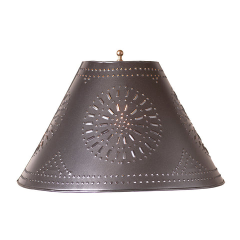 Created due to customer demand, our flared shade will add country flair to your home. Each shade has a washer fitter to be used with a harp on your existing lamp.  The metal shade finished in smokey black has a chisel punched tin design. Features a spider shade fitting designed to be used with a harp. Harp and finial are not included. Imported.  Measurements: Top - 6-Inches ; Bottom - 17-Inches ; Side - 11.75-Inches