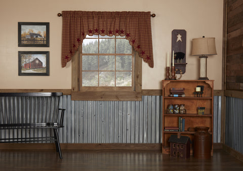 Burgundy Star Scalloped Swag Set of 2 36x36x16, burgundy and tan checks with 5 Point stars appliqued along the scalloped edge in solid burgundy. Primitive Country Farmhouse Window Treatments Curtains Home Decor.