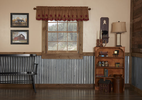 Burgundy Star Scalloped Window Valance Layered, burgundy and khaki check, Window Treatments Curtains Primitive Country Farmhouse Home Decor & Accessories.