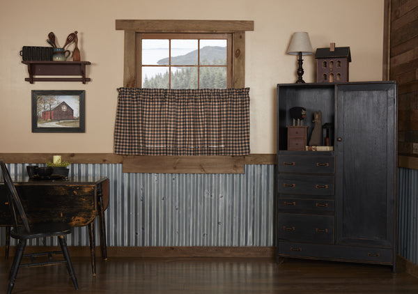 Bingham Star Tier Plaid Set of 2 L24xW36, Soft Black, Khaki, Barn Red plaid. Primitive Country Farmhouse Window Treatments Curtains Home Decor.