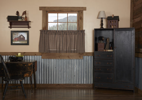 Bingham Star Tier Plaid Set of 2 L24xW36, Soft Black, Khaki, Barn Red plaid. Primitive Country Farmhouse Window Treatments Curtains Home Decor.