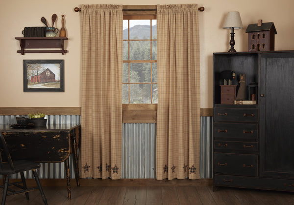 Bingham Star Panel Applique Star Set of 2 84x40, Appliqued 5-point stars along bottom in black, red, and creme plaid fabric, Primitive Country Farmhouse Window Treatments Curtains Home Decor.