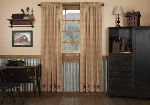 Bingham Star Panel Applique Star Set of 2 84x40, Appliqued 5-point stars along bottom in black, red, and creme plaid fabric, Primitive Country Farmhouse Window Treatments Curtains Home Decor.