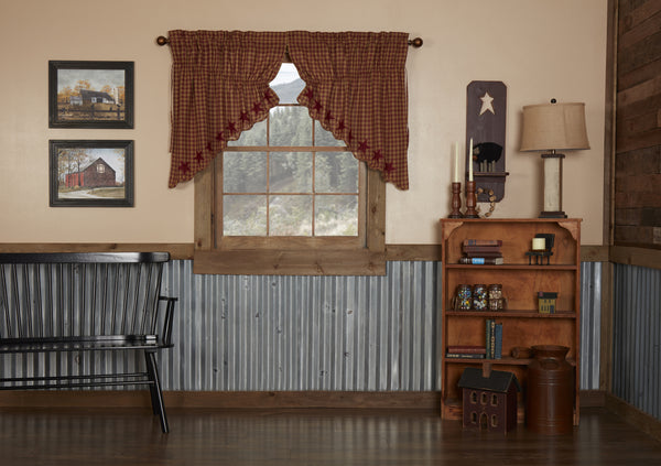 Burgundy Star Scalloped Prairie Swag Set of 2 36x36x18, burgundy and tan checks with 5 Point stars appliqued along the scalloped edge in solid burgundy. Primitive Country Farmhouse Window Treatments Curtains Home Decor.