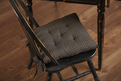 Kettle Grove Plaid Chair Pad  black and tan micro check. Primitive Country Farmhouse Kitchen Table Dining Home Decor.