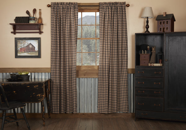 Bingham Star Panel Plaid Set of 2 84x40, Black and creme plaid with red accents, Primitive Country Farmhouse Window Treatments Curtains Home Decor.