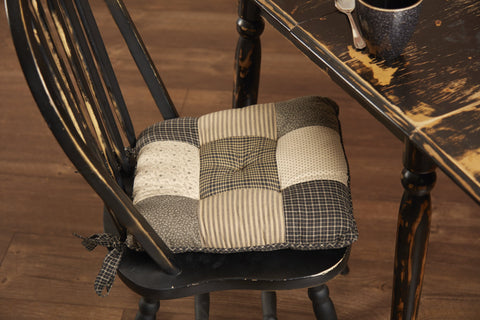 Kettle Grove Chair Pad Patchwork 15 in., black, creme and brown patchwork blocks in ticking stripes, plaids and micro print fabrics. Primitive Country Farmhouse Dining Table Kitchen Home Decor.