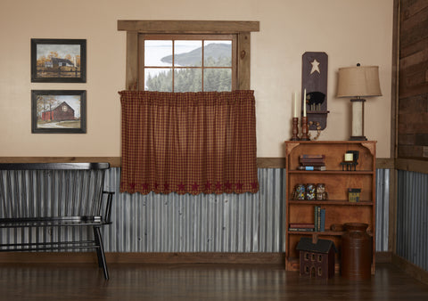 Burgundy Star Scalloped Tier Set of 2 L36xW36,  burgundy and tan checks with 5 Point stars appliqued along the scalloped edge in solid burgundy. Primitive Country Farmhouse Window Treatments Curtains Home Decor.