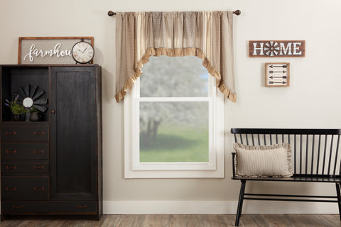 Clearance: Sawyer Mill Charcoal Patchwork Swag 36x36x16 with grey, crème, and black plaid. Primitive country farmhouse curtain with burlap ruffle trim.