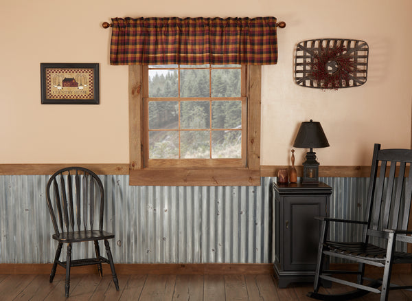 Heritage Farms Primitive Check Valance 16x72, Large-scale deep burgundy, mustard, and black check fabric. Primitive Country Farmhouse Window Treatments Curtains Home Decor.