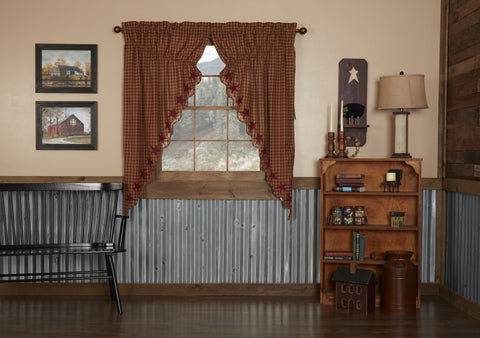 Burgundy Star Scalloped Prairie Short Panel Set of 2 63x36x18, burgundy and tan checks with 5 Point stars appliqued along the scalloped edge in solid burgundy. Primitive Country Farmhouse Window Treatments Curtains Home Decor.