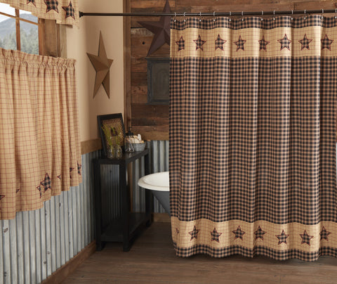 Bingham Star Shower Curtain 72x72, Black and creme plaid with red accents Tan and burgundy windowpane check strip with appliqued plaid 5-point stars along both top and bottom. Primitive Country Farmhouse Bath Bathroom Home Decor.