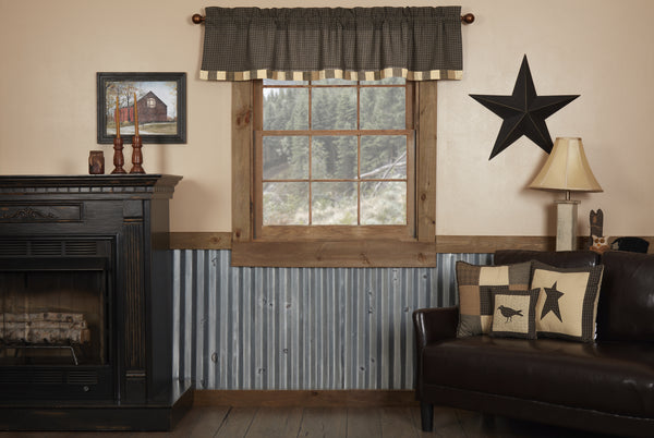 Kettle Grove Valance Block Border 16x72,Black and tan plaid fabric Block border in assorted black and tan fabrics along bottom. Primitive Country Farmhouse Window Treatments Curtains Home Decor.