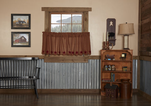 Burgundy Star Scalloped Tier Set of 2 L24xW36, burgundy and tan checks with 5 Point stars appliqued along the scalloped edge in solid burgundy. Primitive Country Farmhouse Window Treatments Curtains Home Decor.