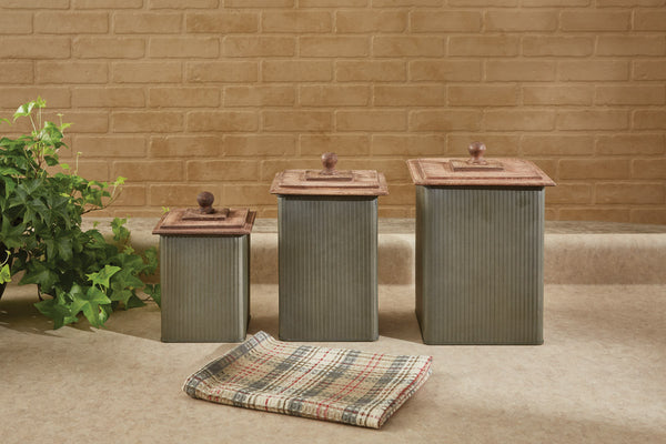 Norwood Canisters with Wood Lids - Set of 3 9"H X 5"W X 5"D 11"H X 6"W X 6"D, Visit website for FREE s/h & discount offers. Primitive Country Farmhouse Home Decor.